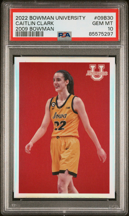 Graded 2022 Topps Bowman University Caitlin Clark #09B30 2009 Bowman Rookie RC Basketball Card PSA 10 Gem Mint