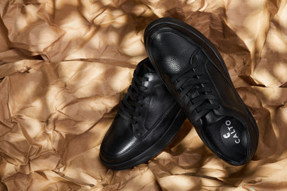 CALTO - Y7111 - 2.6 Inches Taller (Black) - Elevated Pebble Grain Leather Sneakers