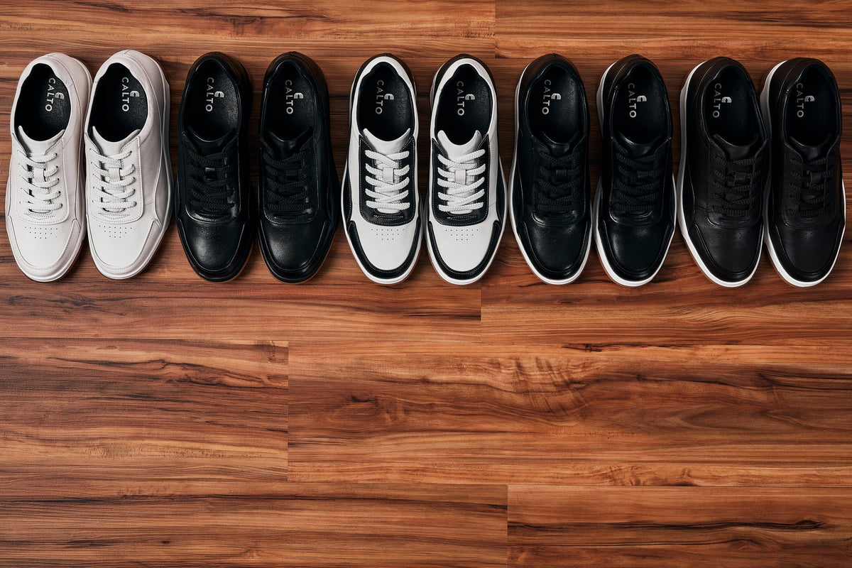 CALTO - Y7887 - 2.6 Inches Taller (Deep Espresso/White & Gum Sole) - Elevated Leather Sneakers