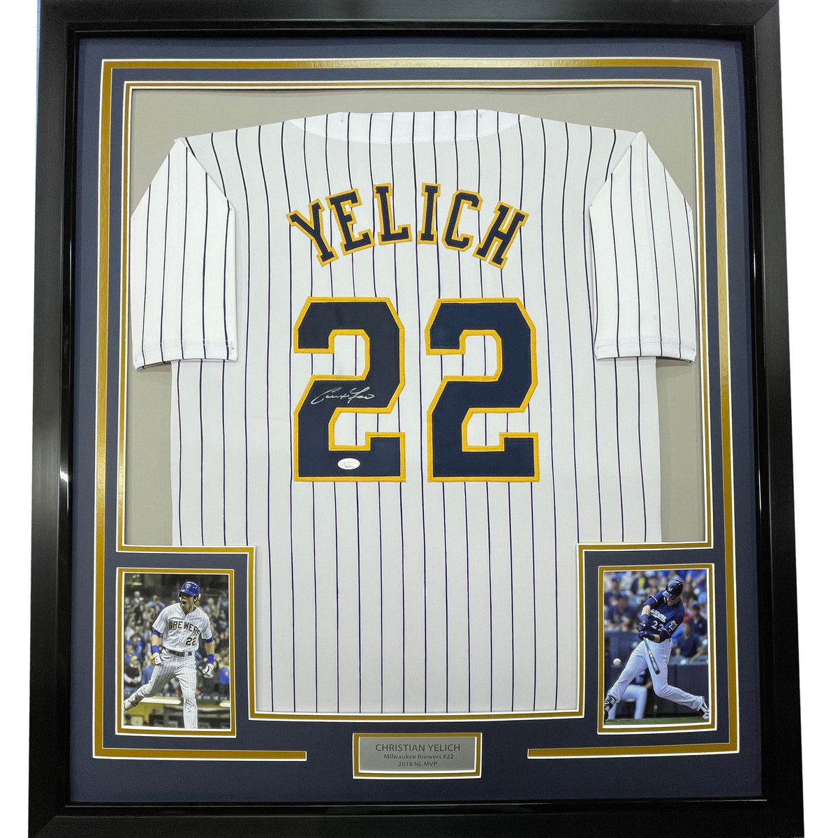 Framed Autographed/Signed Christian Yelich 35x39 Milwaukee Pinstripe Baseball Jersey JSA COA