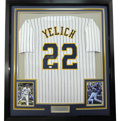 Framed Autographed/Signed Christian Yelich 35x39 Milwaukee Pinstripe Baseball Jersey JSA COA