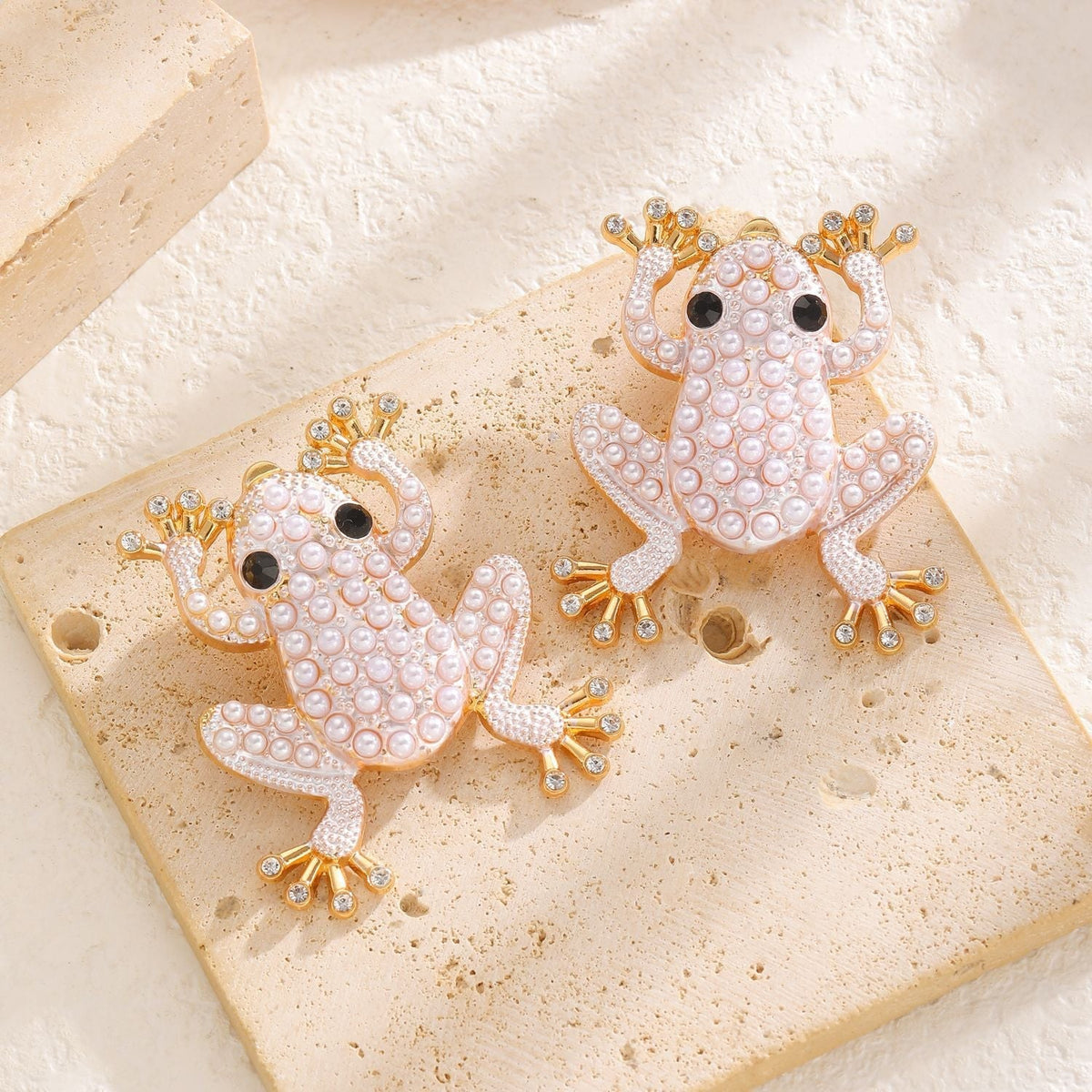 Trendy Frog Animal Earrings with Crystal & Pearl Accents