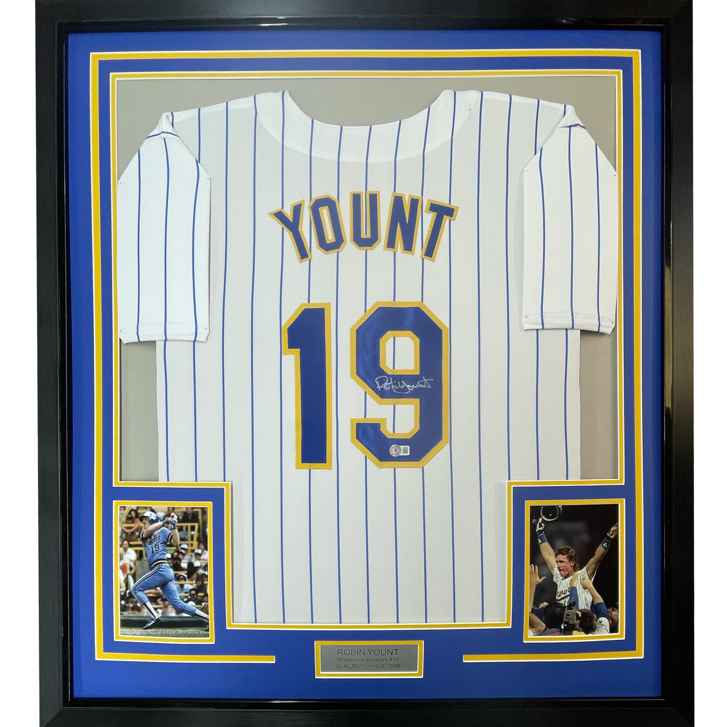 Framed Autographed/Signed Robin Yount 35x39 Milwaukee Pinstripe Baseball Jersey JSA COA