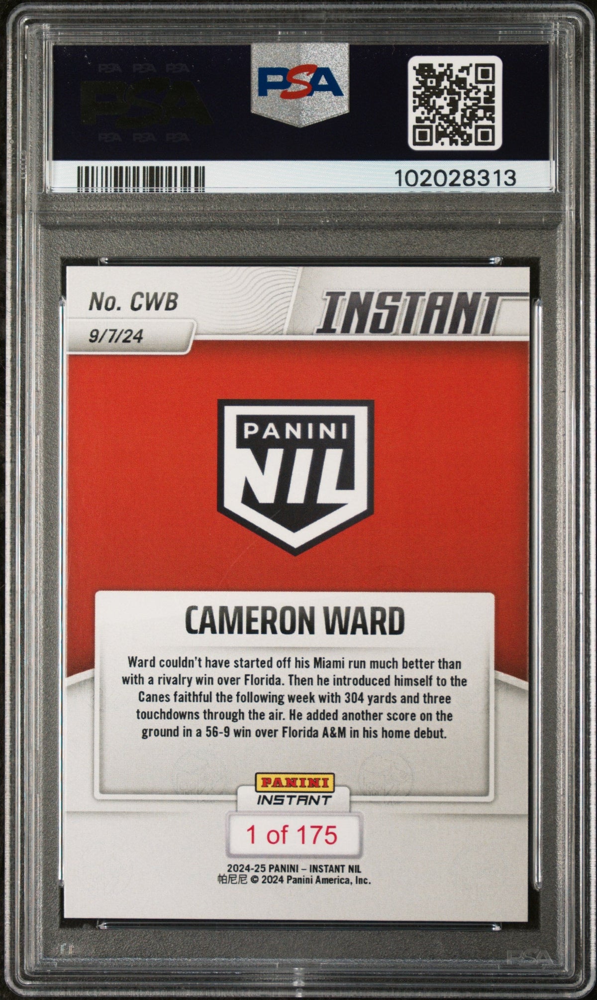 Graded 2024 Panini Instant NIL Cam Ward #CWB Rookie RC Football Card PSA 7 Near Mint