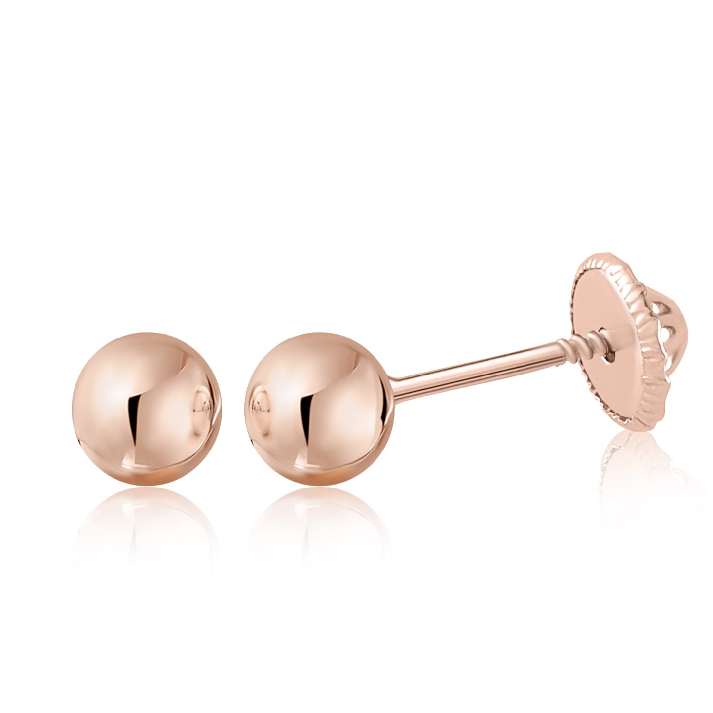 14k Solid Gold Ball Earrings with Flat Covered Back Screwback Shiny Sphere Earring Studs 3mm 4mm 5mm