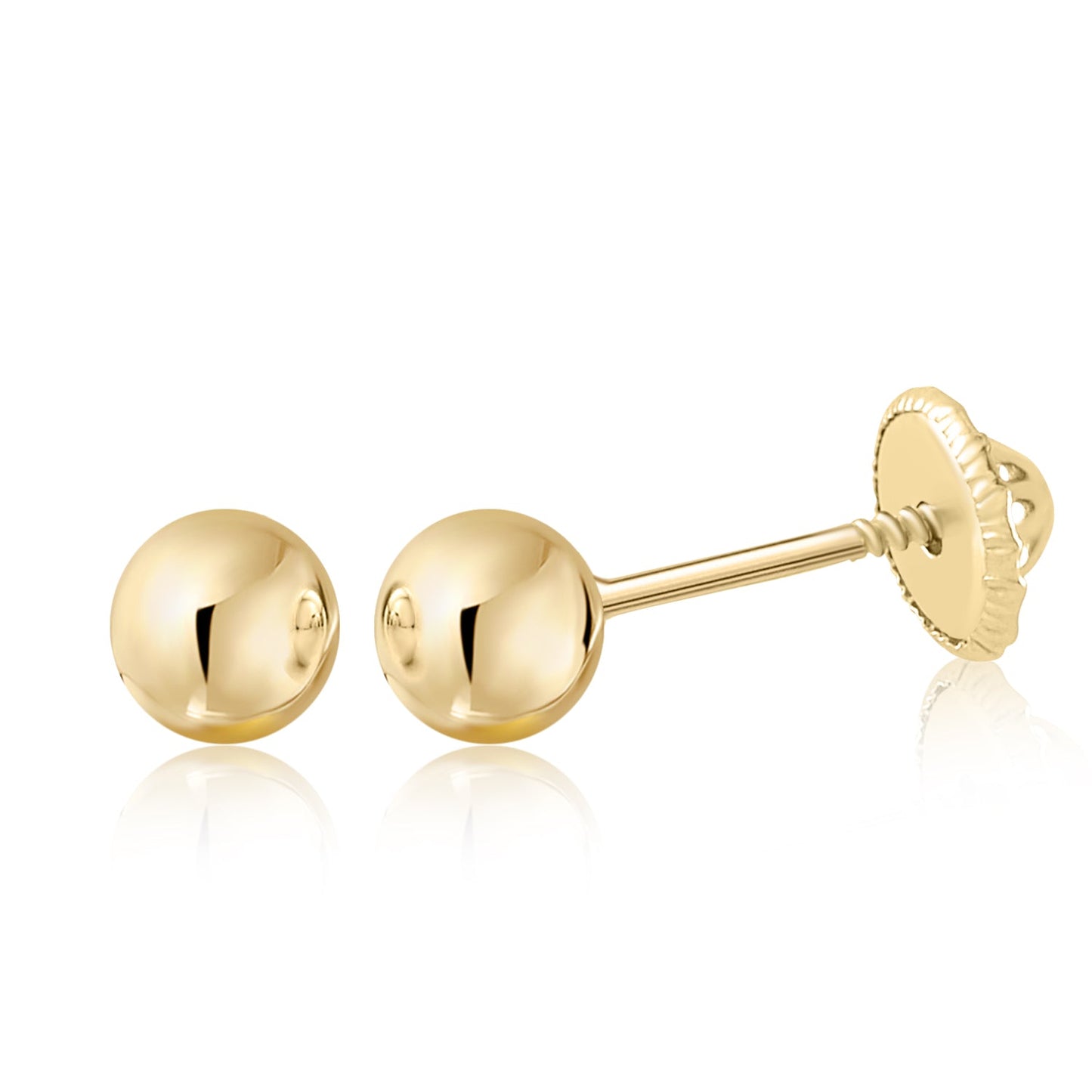 14k Solid Gold Ball Earrings with Flat Covered Back Screwback Shiny Sphere Earring Studs 3mm 4mm 5mm