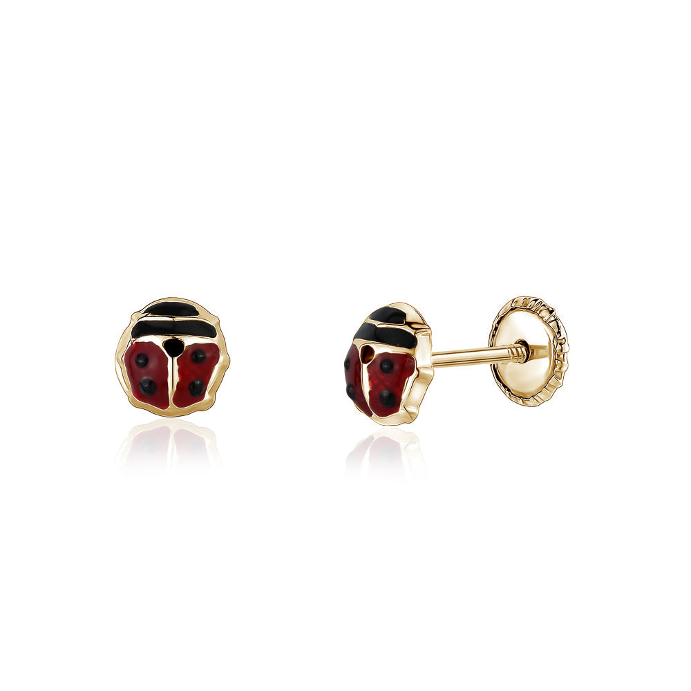 Massete Childrens 14K Gold Screwback Earrings Stud Enameled Ladybug Red
