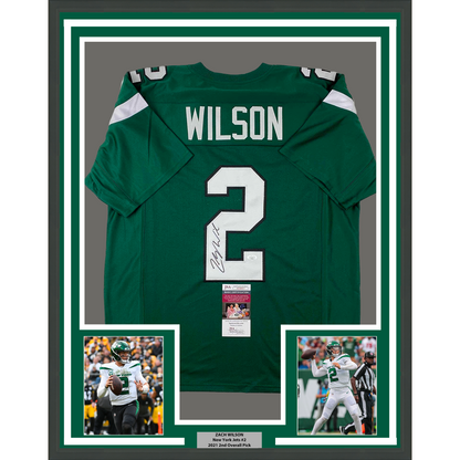 Framed Autographed/Signed Zach Wilson 35x39 New York Green Football Jersey JSA COA