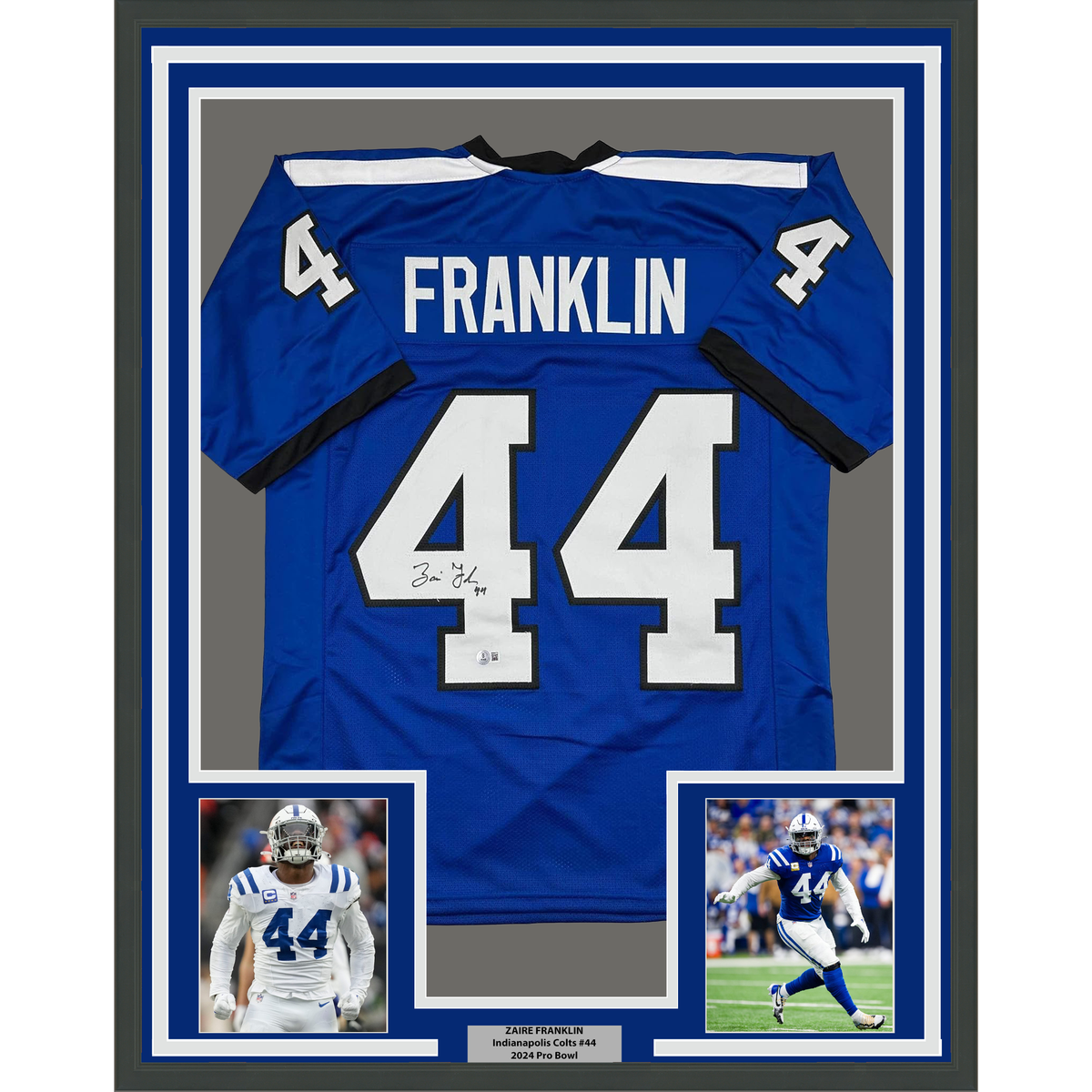 Framed Autographed/Signed Zaire Franklin 35x39 Indianapolis 2025 Style Blue Football Jersey Beckett BAS COA
