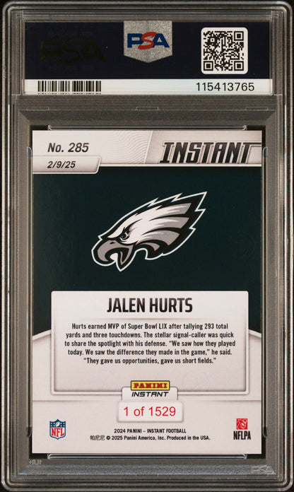 Graded 2024 Panini Instant NFL Jalen Hurts #285 Football Card PSA 9 Mint