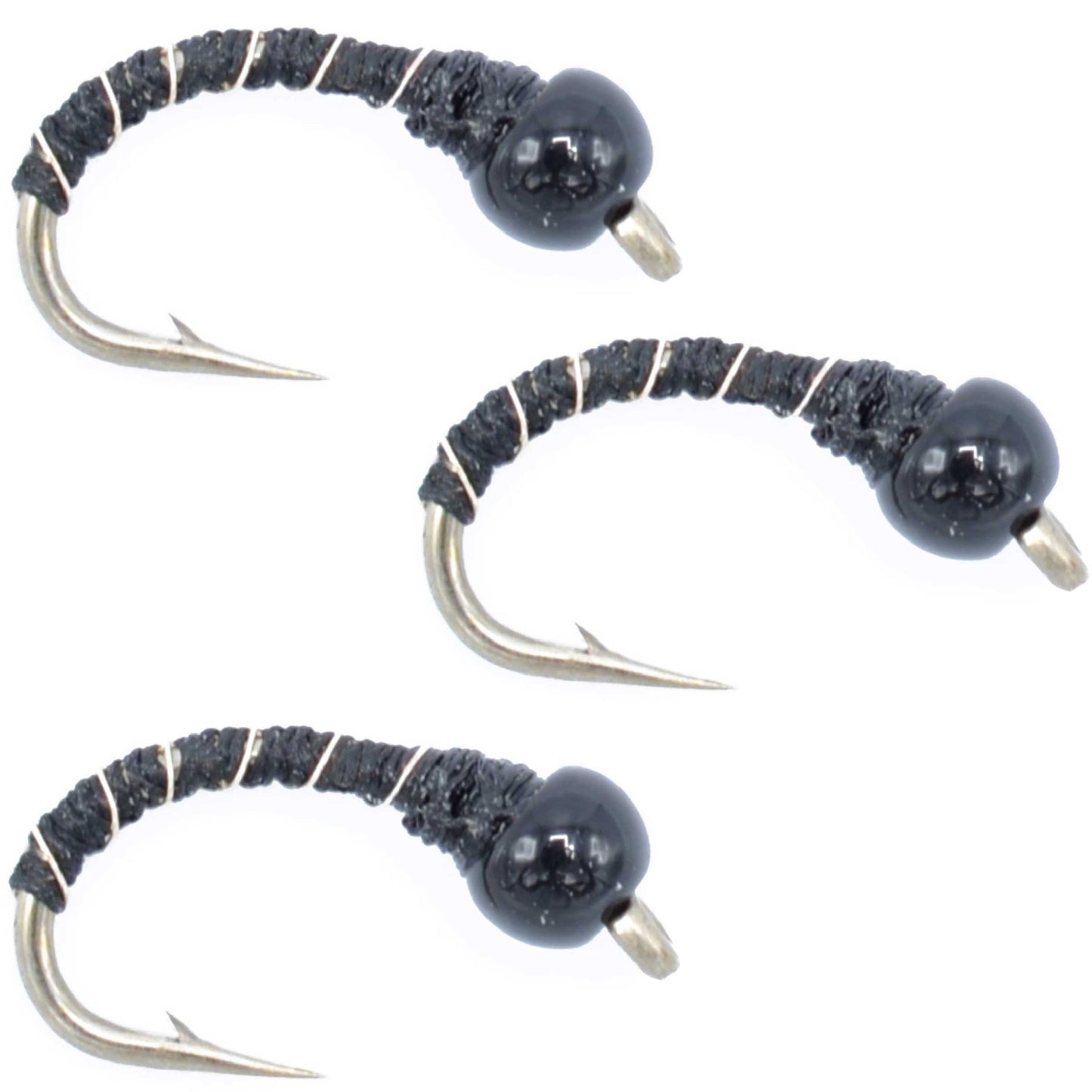 3 Pack Bead Head Black Zebra Midge Still Water Nymph Fly Hook Size 20
