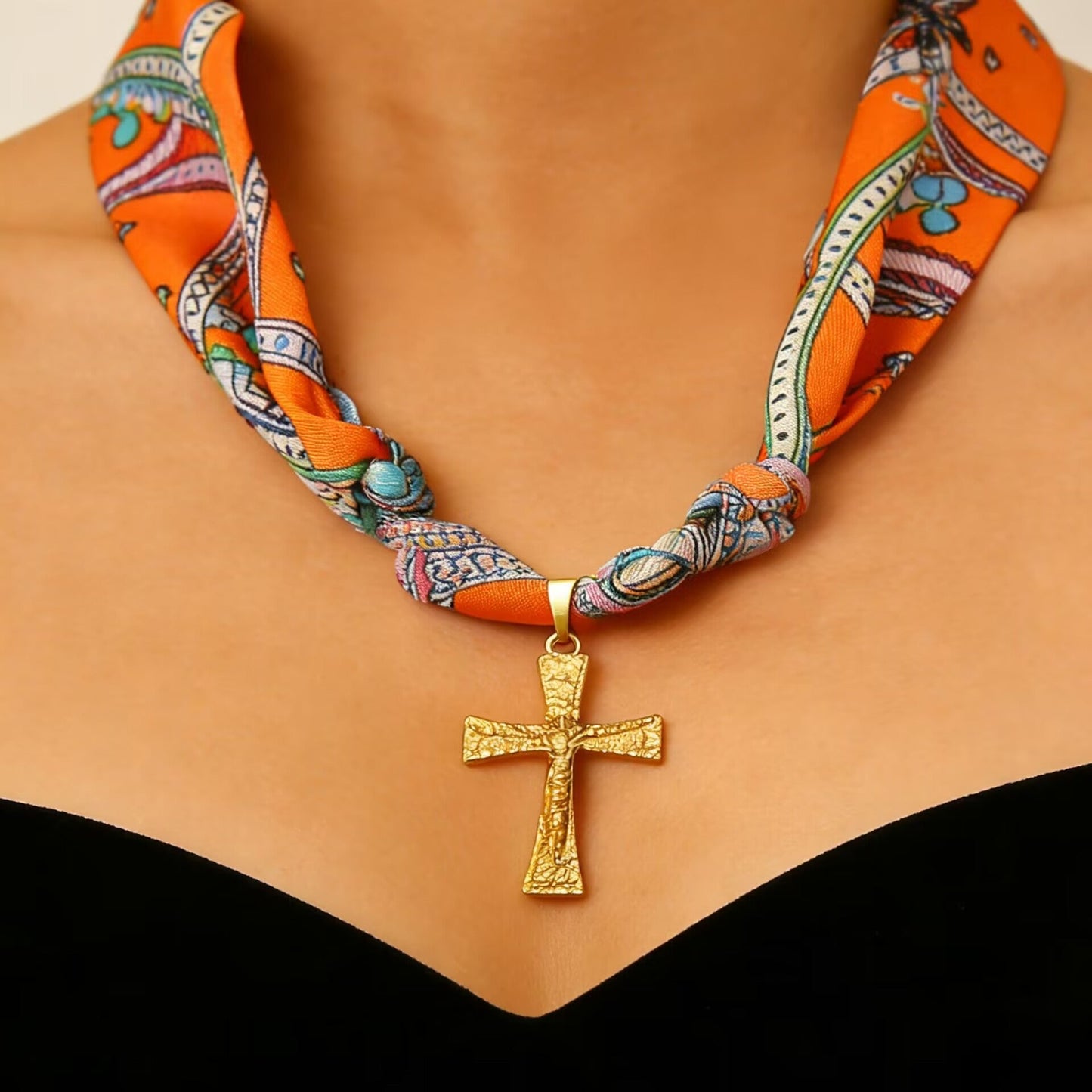 Hand-Tied Silk Scarf Cross Necklace