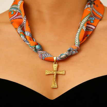 Hand-Tied Silk Scarf Cross Necklace