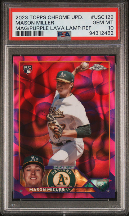 Graded 2023 Topps Chrome Update Mason Miller #USC129 Magenta/Purple Lava Lamp Refractor /199 Rookie RC Baseball Card PSA 10 Gem Mint