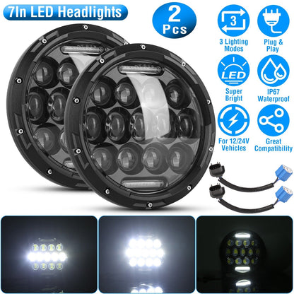 2Pcs 7In 75W Round LED Headlight 3800LM Halo Car Headlamp with DRL High Low Beam for Jeep Wrangler TJ JK CJ with H4 to H13 Adapters Plug and Play