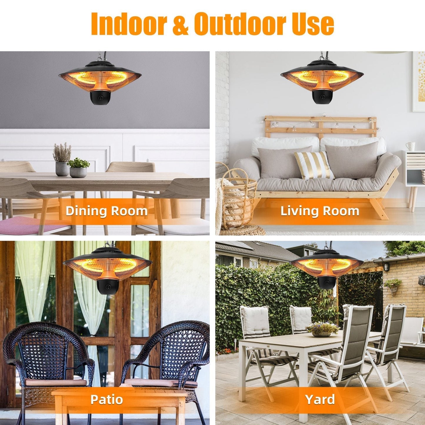 1500W Electric Hanging Patio Heater with 3 Heat Levels & Timer