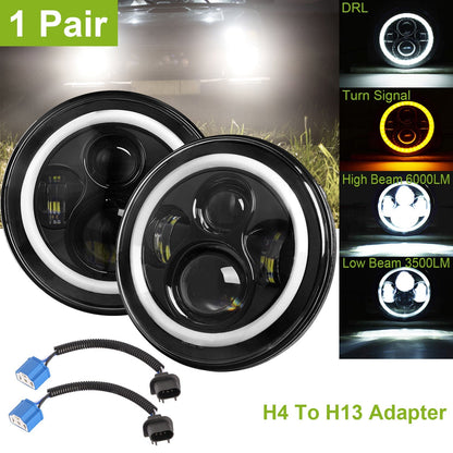 2 X 7" 6000LM Round LED Headlight Halo Angel Eyes for Jeep Wrangler TJ JK CJ w/H4 to H13 Adapter Plug and Play