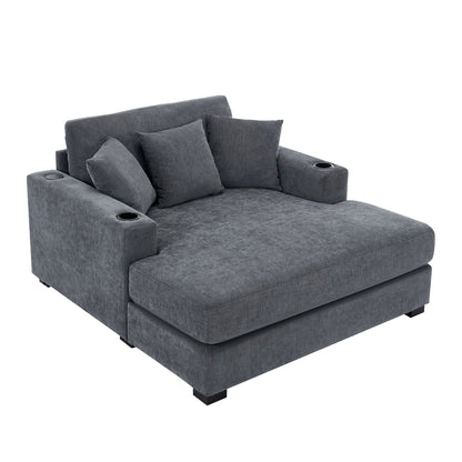 Oversized Chaise Lounger Modern Style Sofa Couch With Pillows, Charge Station & Cup Holders