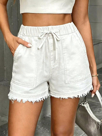 Womens Denim Shorts With Elastic Waist And Drawstring