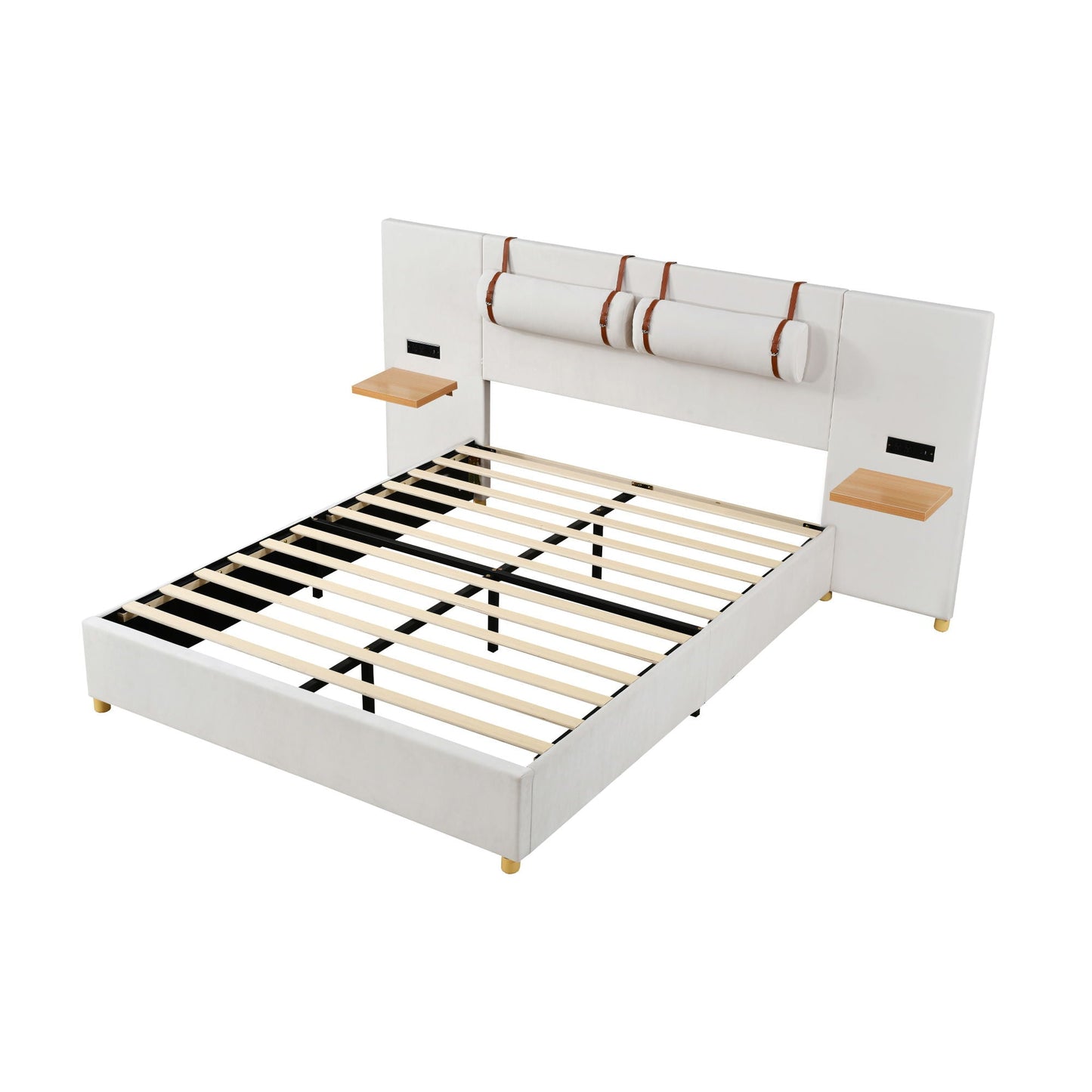 Upholstered Platform Bed, 2 Outlets And USB Charging Ports On Both Sides, 2 Bedside Pillows, Storage Shelves