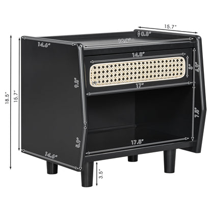 Black Nightstand with Rattan Detail