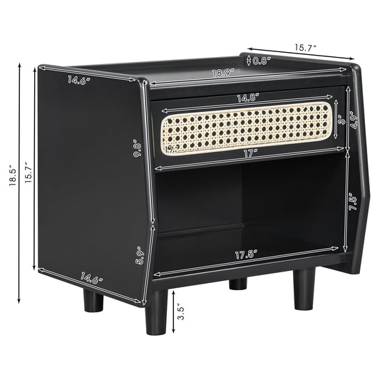 Black Nightstand with Rattan Detail