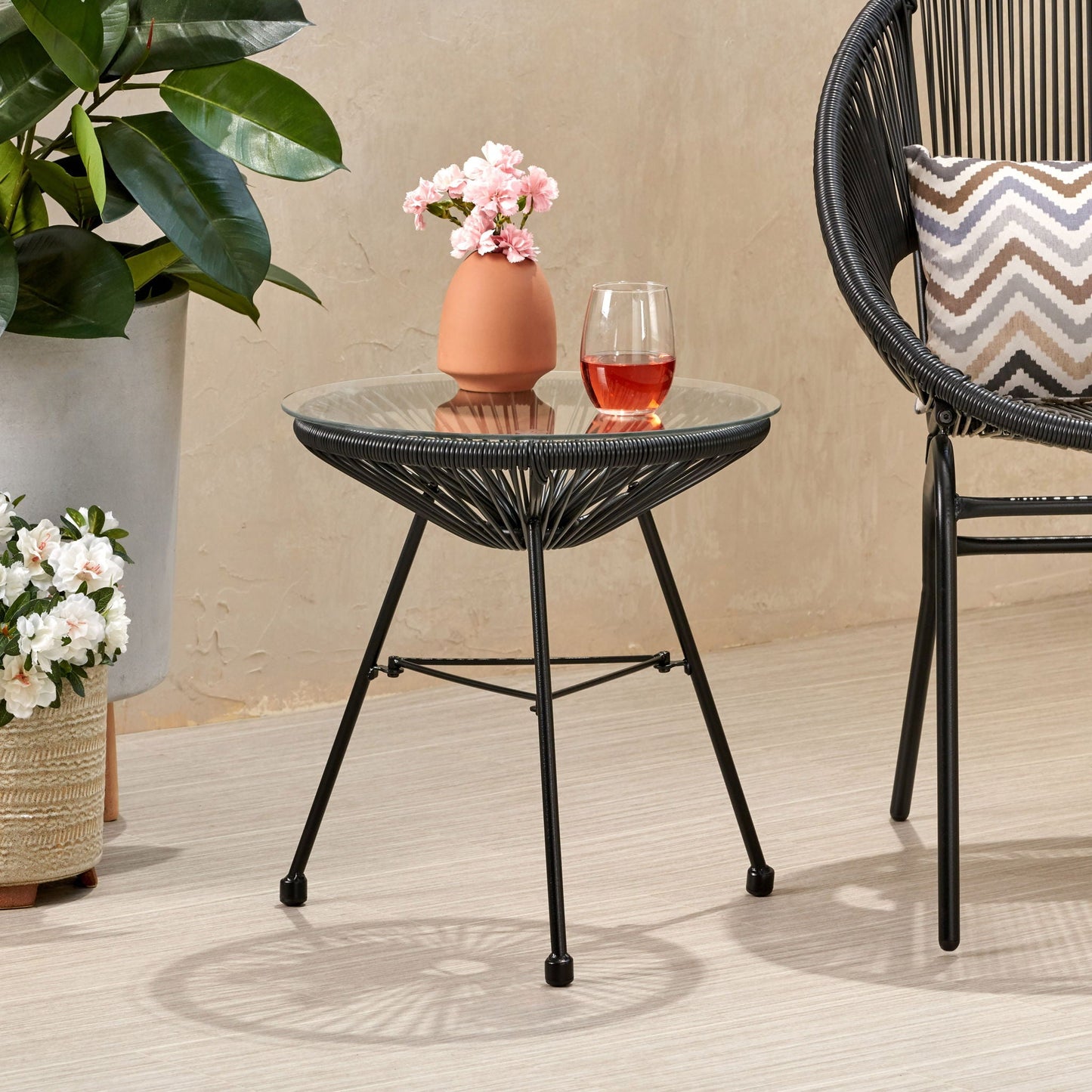 Nusa Modern Rattan Side Table With Tempered Glass Top