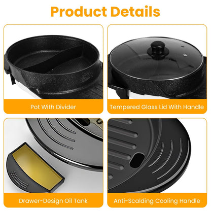 2 in 1 Electric Hot Pot with BBQ Grill Cooker 2200W Smokeless Non-Stick Korean BBQ Grill Shabu Shabu Hot Pot with Independent Temperature Control 5 Ge