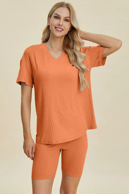 Plus Size Ribbed V-Neck Top & Shorts Set