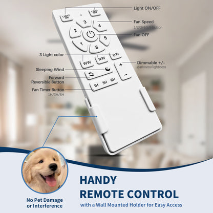 Ceiling Fan With Lights And Remote Control, Reversible DC Motor, 6 Speeds, 3 Cct Dimmable LED, Quiet Timer For Indoor - Black