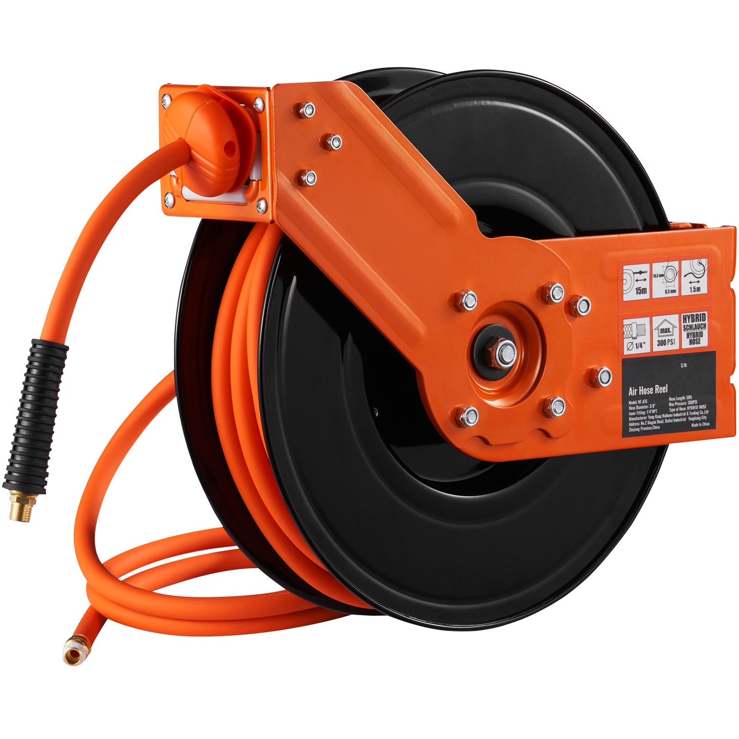Retractable Air Hose Reel with 3/8 IN x 50 FT Hybrid Hose, Max 300 PSI