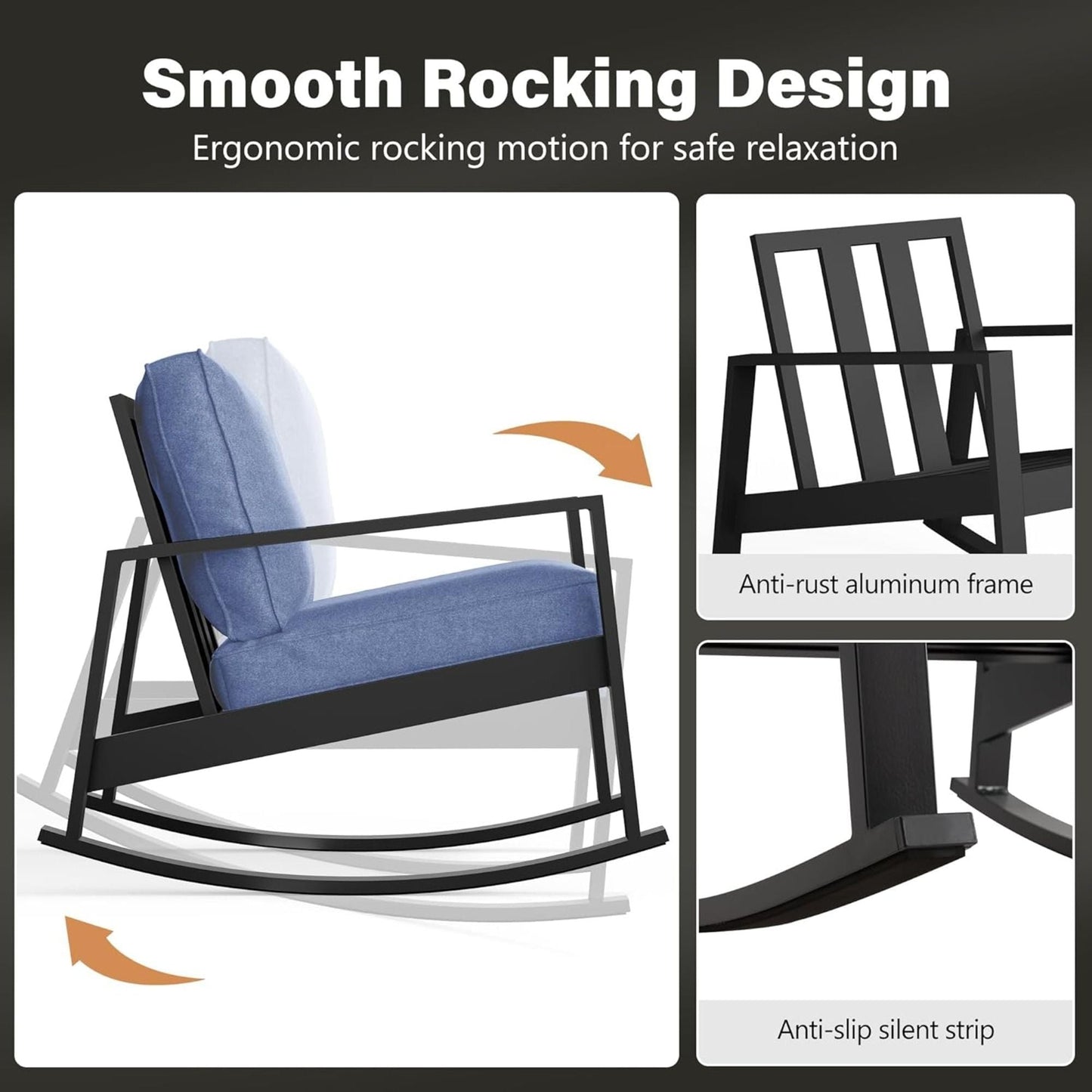 Outdoor Rocking Bistro Set Of 3, Oversized Rocking Chairs With Cushions And Side Table - Black / Blue