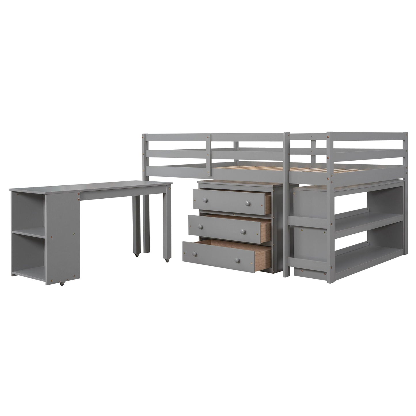 Loft Low Study Bed With Cabinet, Shelves And Rolling Portable Desk, Multiple Functions