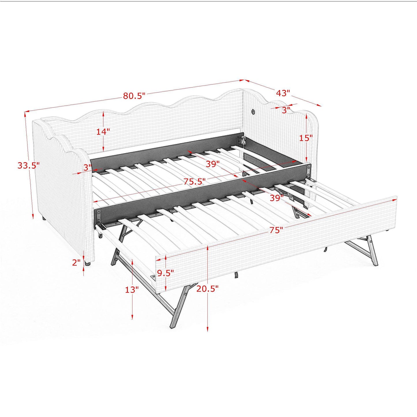 Gingham Daybed With USB Charging Port, Wave Shaped Design