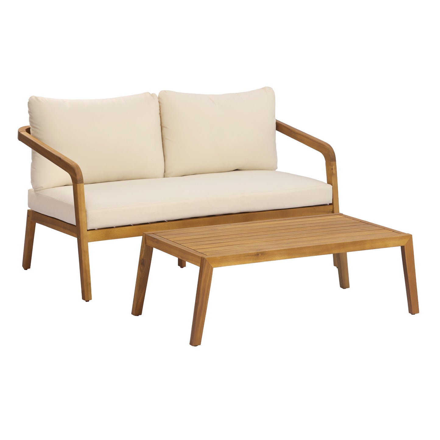 2-Piece Outdoor Loveseat & Coffee Table Set Acacia Wood Frame with PE Wicker Back & Water-Resistant Cushions