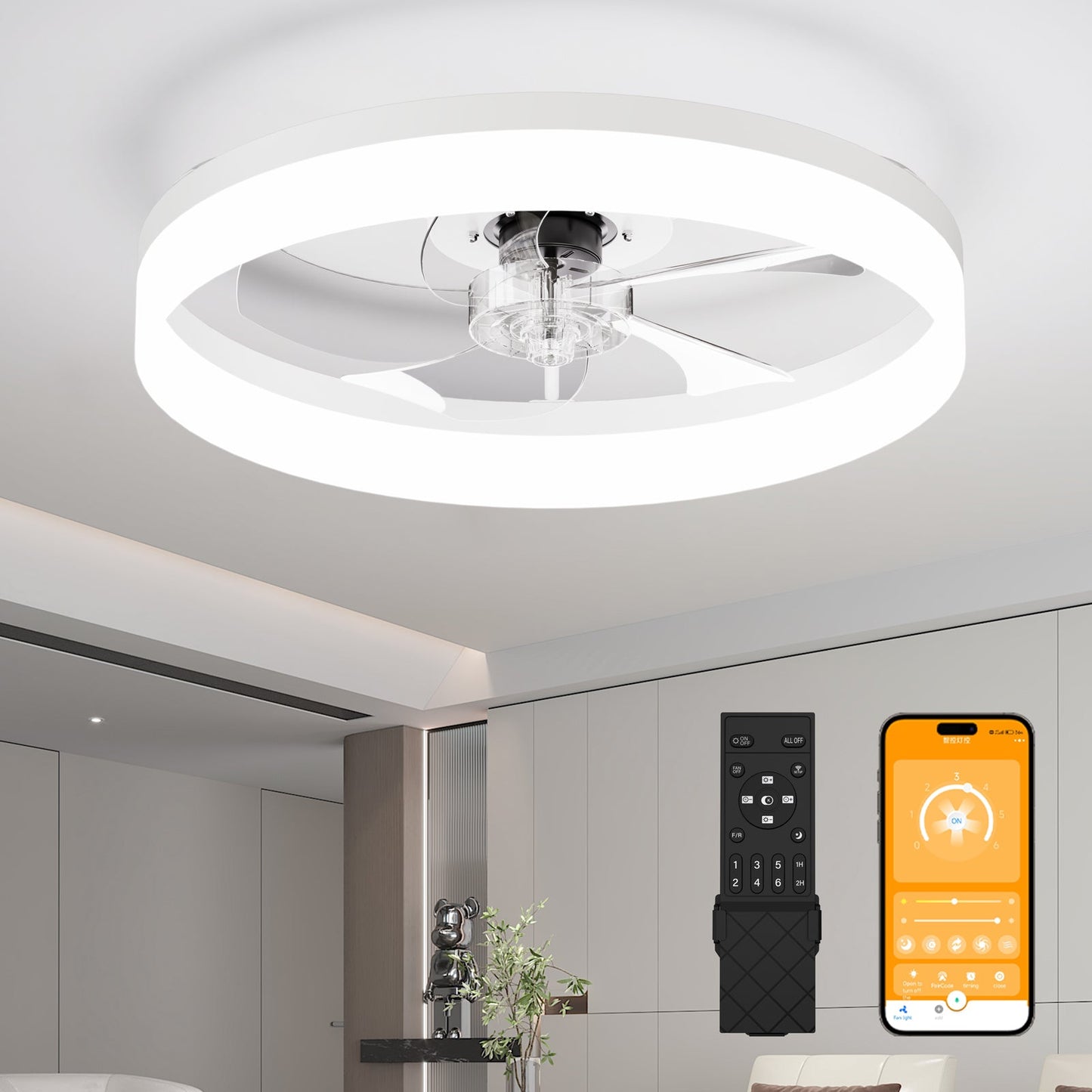 19.7'' LED Ceiling Fan Light with Remote & App Control, 6 Speeds, Dimmable, 3000K-6500K, Flush Mount