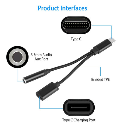 USB Type C to 3.5mm Aux Audio Charging Adapter Braided TPE Metal Shell Headphone Jack Splitter Cable Wire Charger
