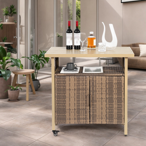 Outdoor Wicker Bar Cart with Wheels