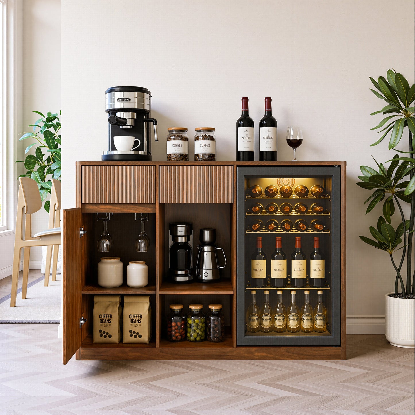 51" Fluted Bar Cabinet with Fridge Space and Wine Glass Rack