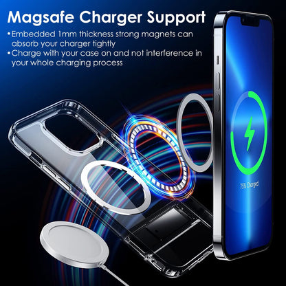 Magnetic Metal Kickstand Clear Case Shockproof Anti Yellowing Phone Cover Compatible with Magsafe Fit for IOS Phone 14 Pro
