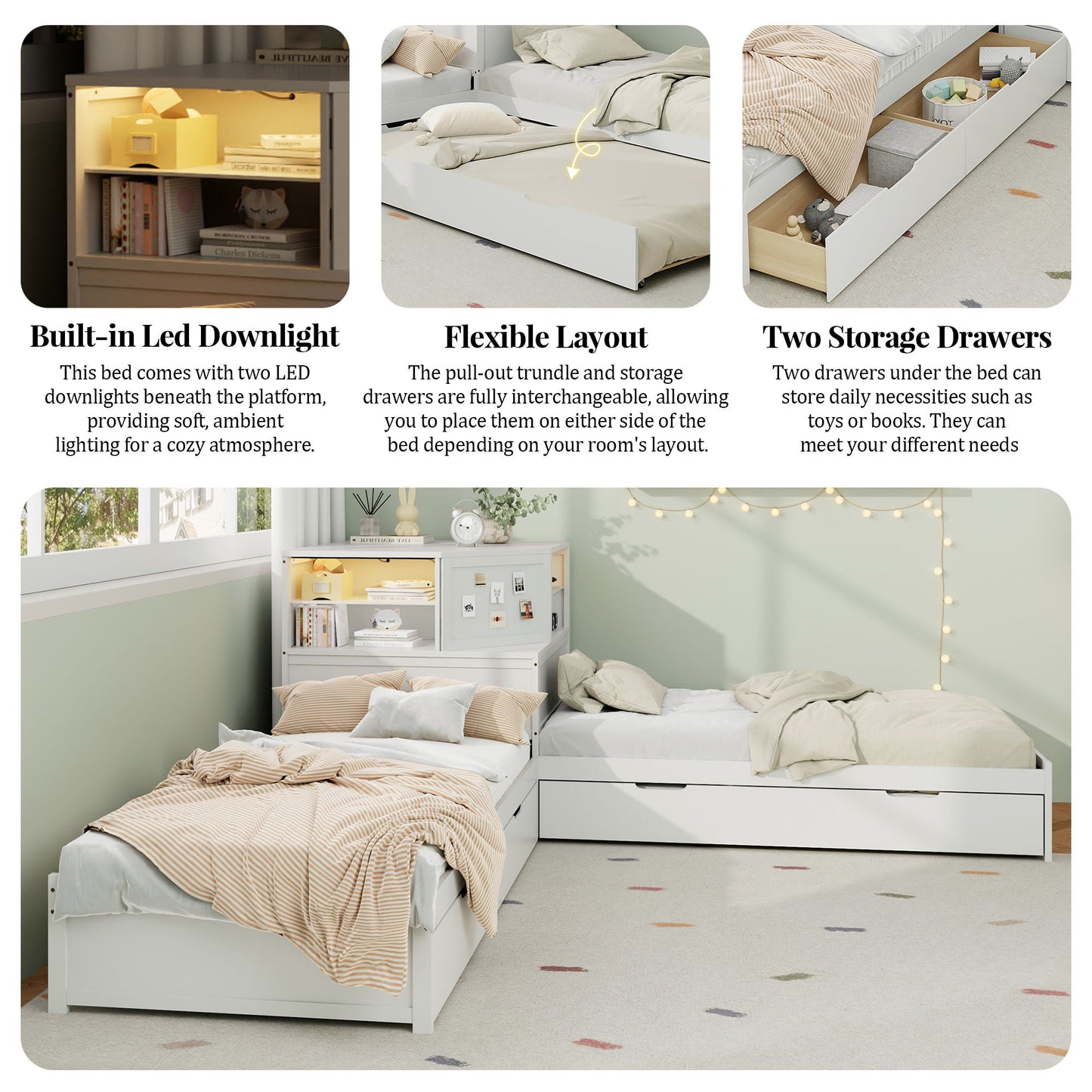 L-Shaped Bed Frame With Trundle, Built In Desk & LED Lighting