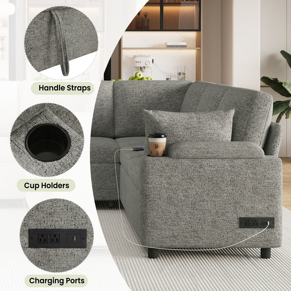 U-Shaped Sectional Sleeper Sofa With Ample Storage Space, 2 Cup Holders And Charging Ports For Living Room