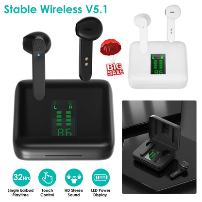 True Wireless Stereo V5.1 Earbuds Touch Control In-Ear TWS Headsets Headphone Earpiece with LED Display Magnetic Charging Case Built-in Mic