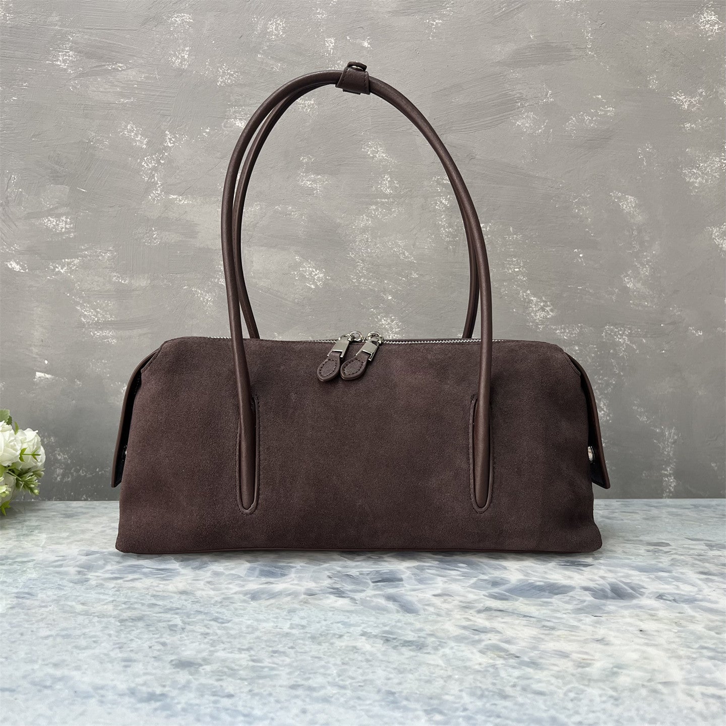 Suede Full-grain Leather Bowling-style Shoulder Bag