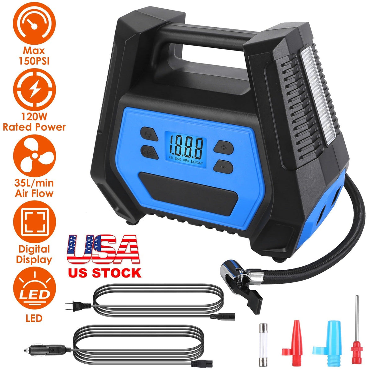 Portable Tire Inflator 150 PSI 120W Max Power Tire Pump with Digital Display LED Light Inflatable Nozzle Needle Fuse Air Compressor for Bikes Motorbik