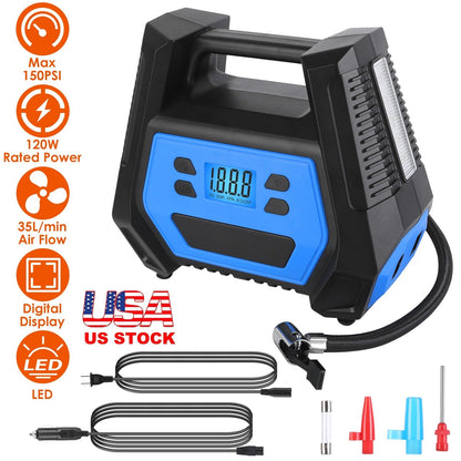 Portable Tire Inflator 150 PSI 120W Max Power Tire Pump with Digital Display LED Light Inflatable Nozzle Needle Fuse Air Compressor for Bikes Motorbik
