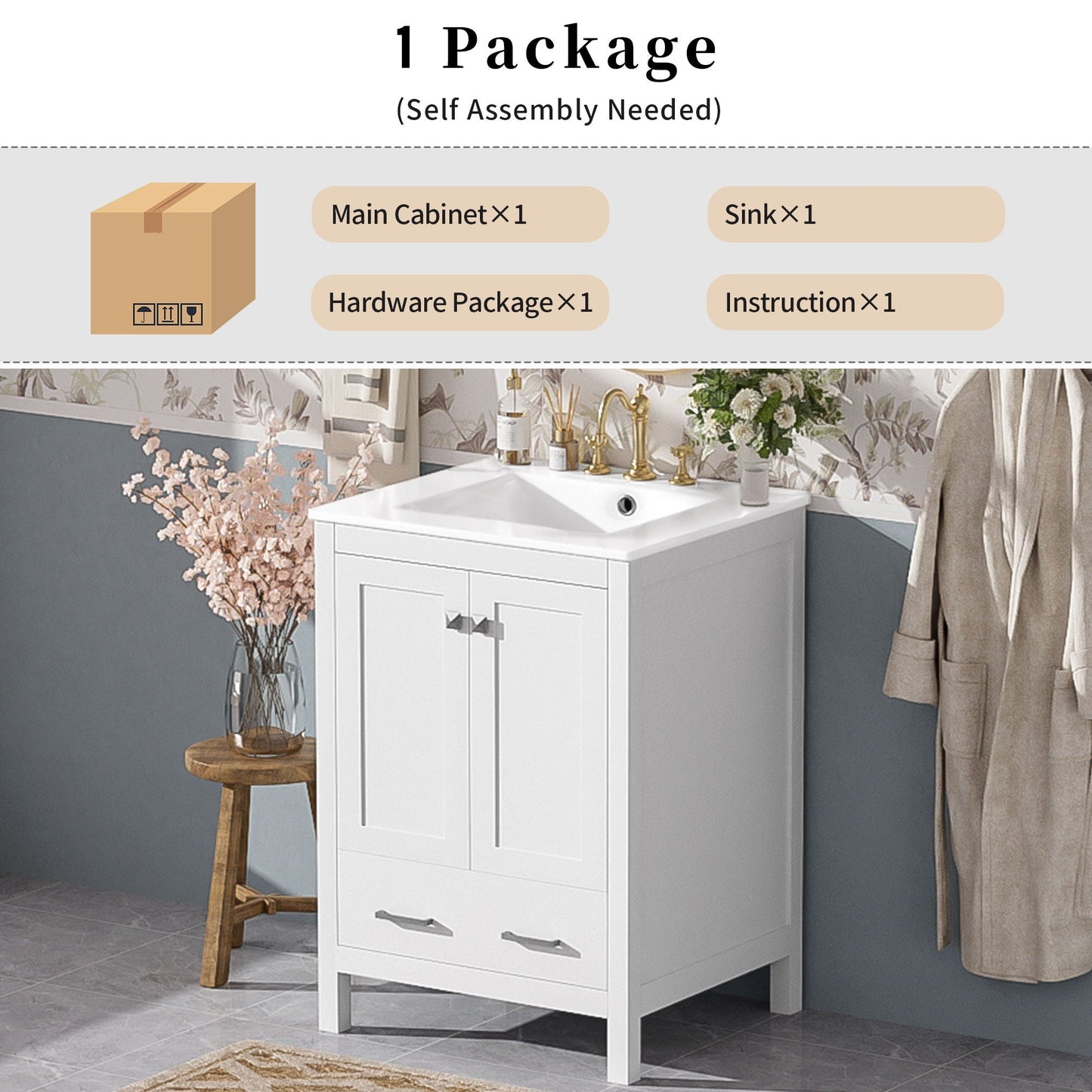 Bathroom Vanity With Integrated Undermount Ceramic Sink, 2 Doors And 1 Drawer, Soft Close Hinges