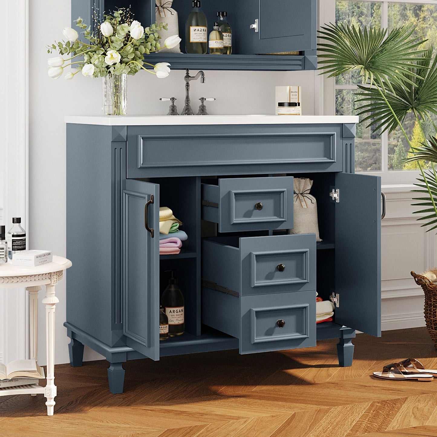 36" Bathroom Vanity With Ceramic Sink and Soft-Close Doors - Blue