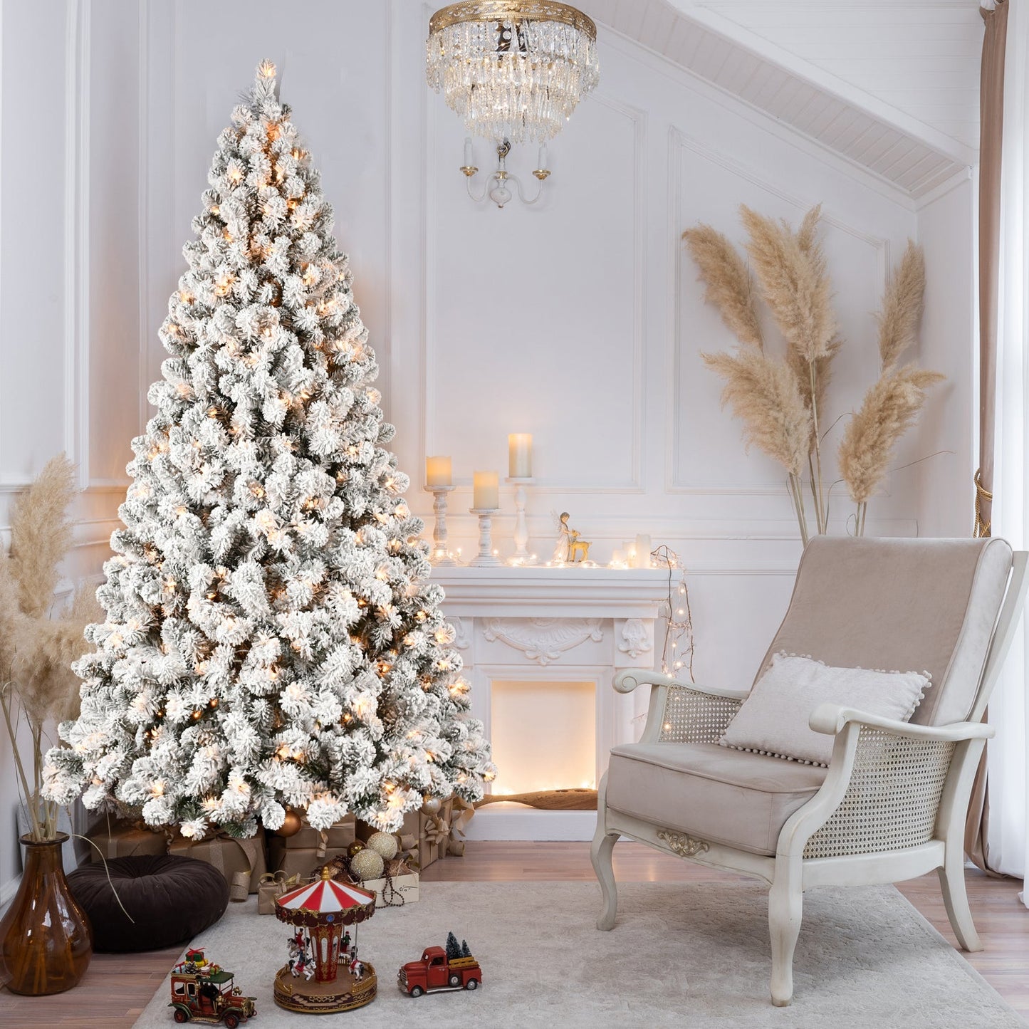 8ft Flocked Pre-Lit Christmas Tree with 500 UL Warm Lights