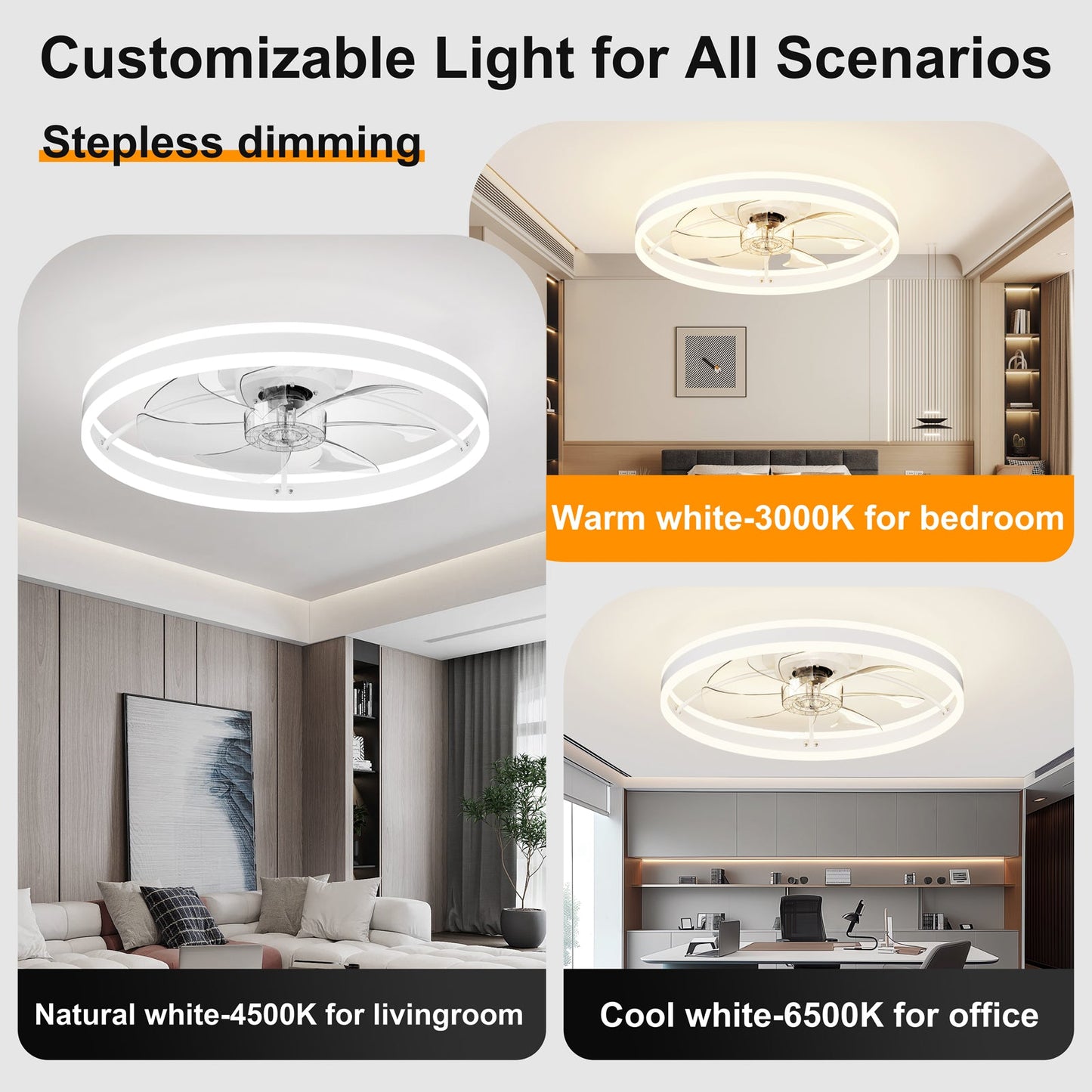 23.6 Inch Ceiling Fan with Light, Quiet DC Motor, Dimmable 3-Color LED